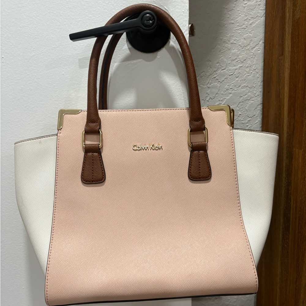 Large Calvin Klein Leather Purse Pink/White/Brown Shoulder Zip Bag - Picture 7 of 11
